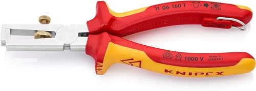 Knipex Abisolierzange mit Öffnungsfeder,verchromt, isoliert mit Mehrkomponenten-Hüllen, VDE-geprüft; mit Befestigungsöse zum Anbringen einer Absturzsicherung 160 mm (SB-Karte/Blister) 11 06 160 T BK von Knipex