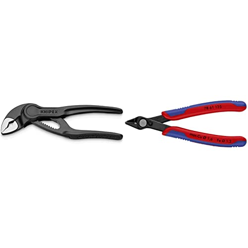 KNIPEX Cobra® XS, Mini-Wasserpumpenzange | Rohrzange, Edc-Mini, 100 mm, 87 00 100 & Electronic Super Knips, Elektronik-Seitenschneider für weiche Drähte und Lichtwellenleiter LWL, 125 mm 78 61 125 von Knipex
