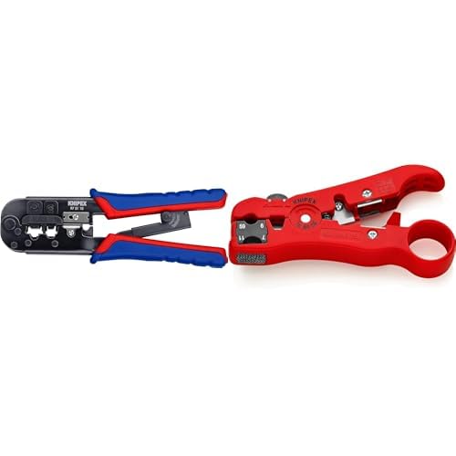 KNIPEX Crimpzange für Westernstecker (190 mm) 97 51 10, Mehrfarbig & Abisolierwerkzeug für Koaxial- und Datenkabel (125 mm) 16 60 06 SB, Rot von Knipex