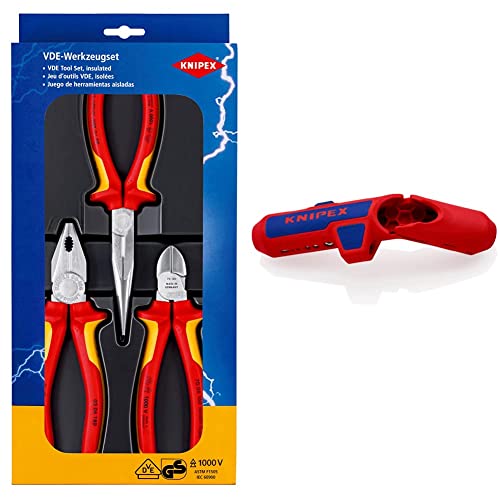 KNIPEX Elektro-Paket 00 20 12 (SB-Karte/Blister) & ErgoStrip Universal-Abmantelungswerkzeug (135 mm) 16 95 01 SB von Knipex