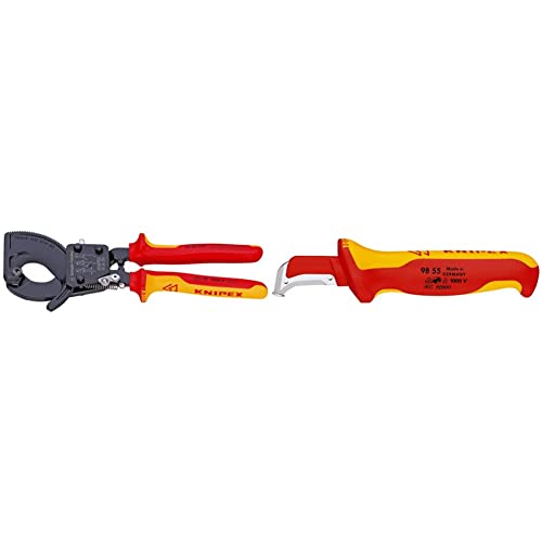 KNIPEX Kabelschneider (Ratschenprinzip) 1000V-isoliert (250 mm) 95 36 250 (SB-Karte/Blister) & Abmantelungsmesser mit Gleitschuh 1000V-isoliert (180 mm) 98 55 von Knipex