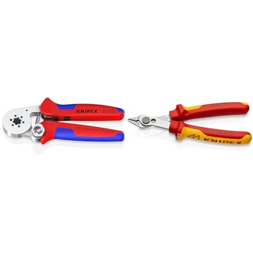 KNIPEX Selbsteinstellende Crimpzange für Aderendhülsen, 0,08-16 mm²/2x10mm² & Electronic Super Knips Elektronik-Seitenschneider, 125 mm von Knipex