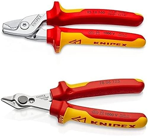 KNIPEX StepCut Kabelschere verchromt, 160 mm 95 16 160 + KNIPEX Electronic Super Knips125 mm 78 06 125, beide isoliert mit Mehrkomponenten-Hüllen und VDE-geprüft von Knipex