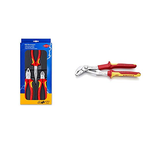 Knipex 00 20 12 – Elektro-Paket mit drei VDE-geprüften Zangen & 87 26 250 Cobra - Hightech-Wasserpumpenzange mit Schnelleinstellung, isoliert, VDE, 250 mm von Knipex