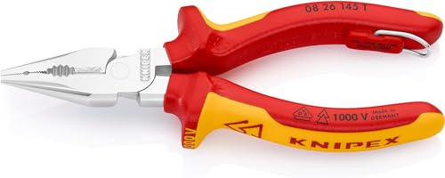 Knipex Spitz-Kombizange verchromt, isoliert mit Mehrkomponenten-Hüllen, VDE-geprüft; mit Befestigungsöse zum Anbringen einer Absturzsicherung 145 mm (SB-Karte/Blister) 08 26 145 T BK von Knipex