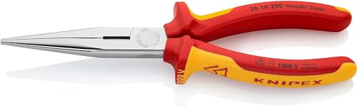 Knipex Flachrundzange mit Schneide (Storchschnabelzange) verchromt, VDE-geprüft 200 mm (SB-Karte/Blister) 26 16 200 SB Isoliert mit Mehrkomponentenhüllen, Gelb/Rot, 1000 V von Knipex