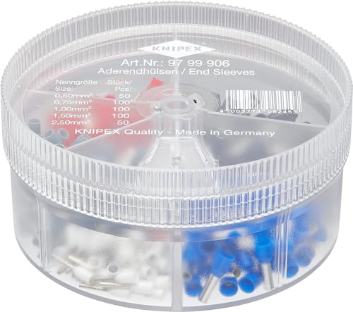 KNIPEX Sortimentsboxen, mit 400 isolierten Aderendhülsen, 0,5-2,5 mm², in praktischer Streudose, nach DIN Farbcode, Aderendhülsen Set, 97 99 906 von Knipex