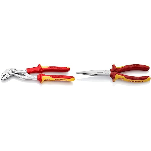 Knipex Cobra® VDE Hightech-Wasserpumpenzange, isoliert verchromt, isoliert mit Mehrkomponenten-Hüllen, VDE-geprüft 250 mm 87 26 250 & Flachrundzange mit Schneide (Storchschnabelzange) verchromt von Knipex