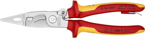 KNIPEX Elektro-Installationszange isoliert mit Mehrkomponenten-Hüllen, VDE-geprüft; mit integrierter isolierter Befestigungsöse zum, 13 96 200 T von KNIPEX