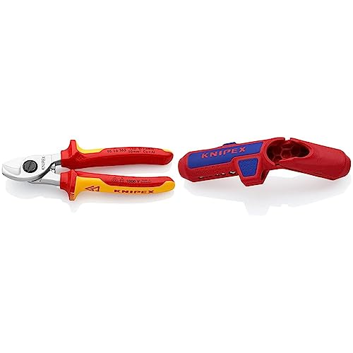 Knipex Kabelschere verchromt, isoliert mit Mehrkomponenten-Hüllen, VDE-geprüft 165 mm 95 16 165 & ErgoStrip® Universal-Abmantelungswerkzeug für Rechtshänder 135 mm 16 95 01 SB von Knipex