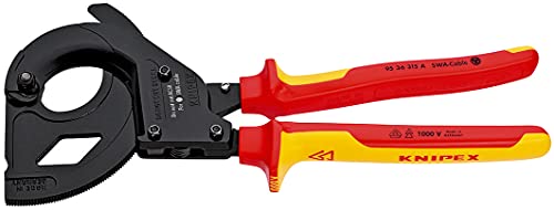KNIPEX Kabelschneider (Ratschenprinzip) für stahlarmierte Kabel (SWA-Kabel) in Blister isoliert mit Mehrkomponenten-Hüllen, VDE-geprüft, 95 36 315 A von KNIPEX
