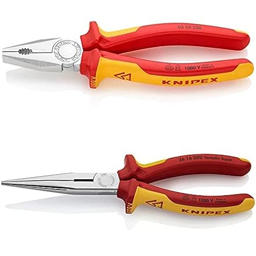 KNIPEX Kombizange 200 mm 03 06 200 + KNIPEX Flachrundzange mit Schneide (Storchschnabelzange) 200 mm 26 16 200, beide verchromt, isoliert mit Mehrkomponenten-Hüllen, VDE-geprüft von Knipex