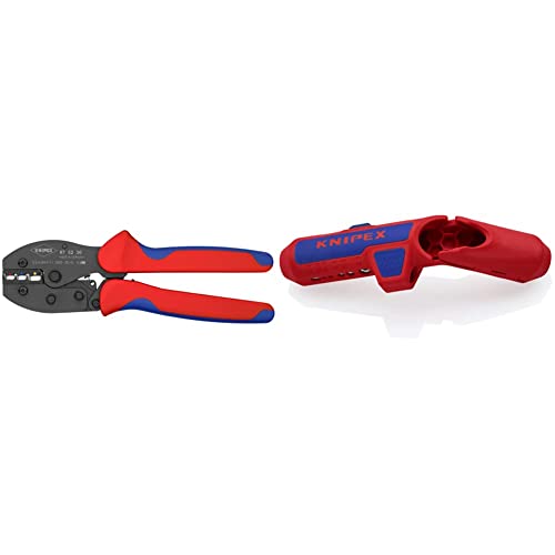 Knipex PreciForce® Crimpzange brüniert, mit Mehrkomponenten-Hüllen 220 mm 97 52 36 & ErgoStrip® Universal-Abmantelungswerkzeug für Rechtshänder 135 mm 16 95 01 SB von Knipex