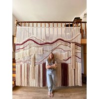 Riesiger Makramee Wandbehang, Übergroße Faser Kunst, Großer Vorhang, Wand Sound Diffusor, Doppelseitiger Raumteiler von KnitushkiStore