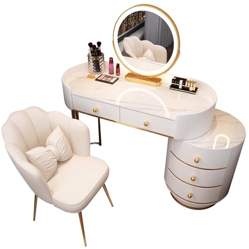 Knjlwa Schminkschrank mit Spiegel, Hocker, LED-Licht und 3 Farbmodi, Rundschrank mit 3 Schubladen weiß Knjlwa Schminkschrank mit Spiegel, Hocker, LED-Licht und 3 Farbmodi, Rundschrank mit 3 Schubladen weiß von Knjlwa