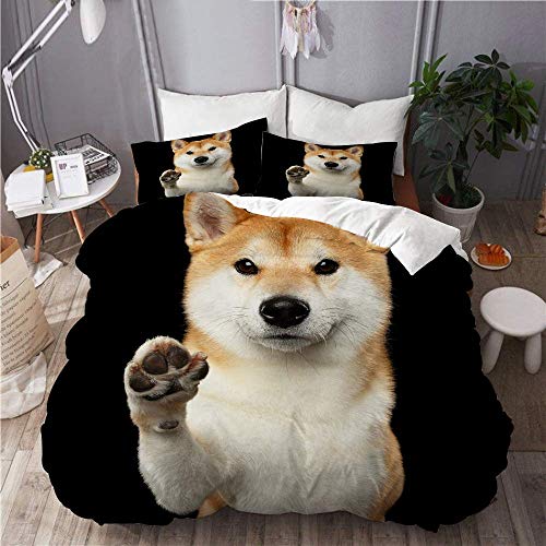 Knncch Mikrofaser Leichte Bettbezug-Sets, Porträt des niedlichen Shiba Inu Hundes Sieht freundlich aus, Pfoten geben, dekoratives 3D-Druck Bettwäscheset mit 2 Kissenbezügen von Knncch