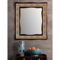 Handgefertigte Keramikfliesen Spiegel Blau Weiß Blumenmuster Auf Gelb Wandbehang Dekoratives Neues Zuhause & Weihnachtsgeschenk von Knobco