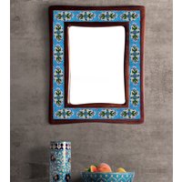 Handgemachter Türkis Und Weiß Blumenmuster Blauer Keramik Fliese Spiegel 20x24 Inch von Knobco