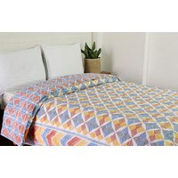 Rimjhim Jaal Blaue Und Braune Handblockdruck-Baumwollsteppdecke, Handgemachte Baumwollsteppdecke, Bettüberwurf Tröster von Knobco