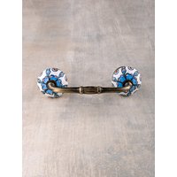 Türkis Blume Auf Weißem Kommode Schrank Griff Mit Orange Geprägten Design | Sets von Knobco