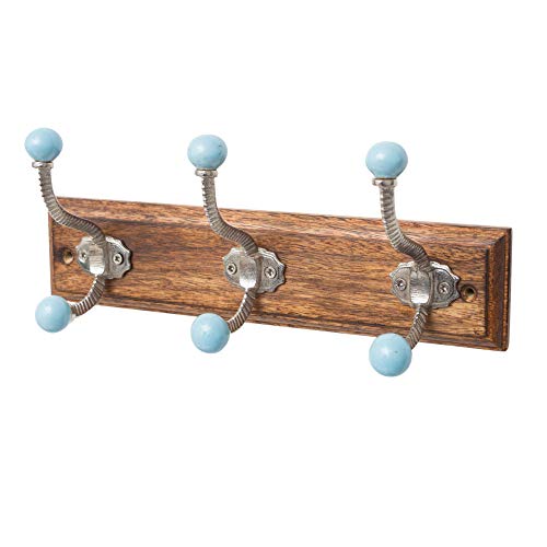 Knober Garderobenleiste Teak Holz massiv Kleiderhaken Gusseisen Haken Garderobenhaken Rustikal Antik Shabby (8. Garderobenleiste 3 Haken) von Knober