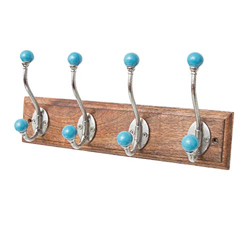 Knober Garderobenleiste Teak Holz massiv Kleiderhaken Gusseisen Haken Garderobenhaken Rustikal Antik Shabby (Garderobenleiste Keramik blau Holz 4 Haken 46x8,5cm Doppelhaken …) von Knober