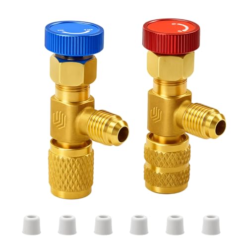 2 Stück Messing Sicherheitsventil R410A R22 Adapter mit Durchflussregelung, 1/4"-5/16" Schnellkupplung für Klimaanlagen Wartung, Leckageschutz & Top-Loading Drehmechanik von Knocery