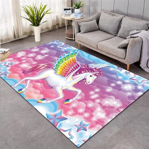 KnorRs Regenbogen Einhorn Mädchen Schlafzimmer Bodenmatte, Wohnzimmerteppich 140x200cm, Bunt Teppiche Für Wohnzimmer, rutschfest (A1,120x160 cm) von KnorRs