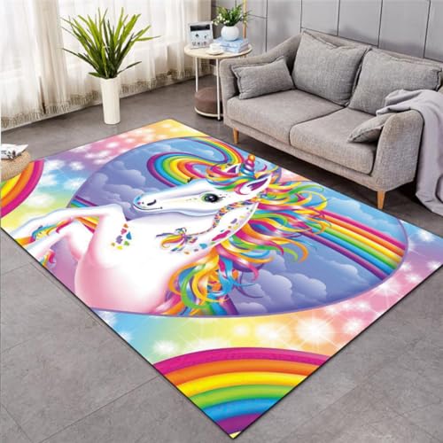 KnorRs Regenbogen Einhorn Mädchen Schlafzimmer Bodenmatte, Wohnzimmerteppich 140x200cm, Bunt Teppiche Für Wohnzimmer, rutschfest (A2,120x160 cm), DT001 von KnorRs