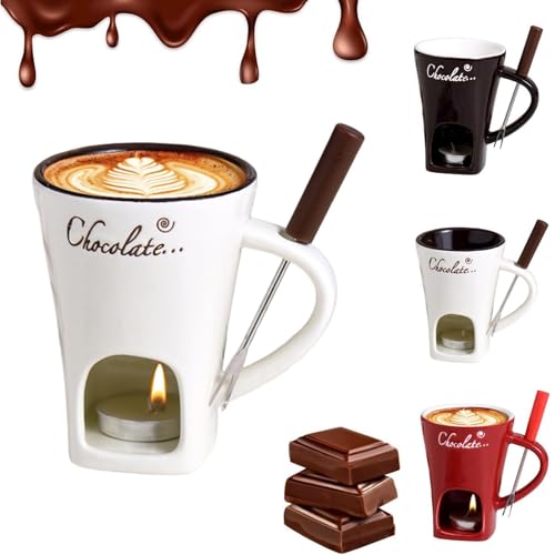 Schokofondue Tasse Mit Teelicht Und Gabeln, 200ml Keramik Schokoladenfondue Tassen, Schokoladen Fondue Becher, Schokoladenfondue Becher, Mehrzweck Becher Zum Schmelzen Für Schokolade, Käse, Karamell von Knowlife