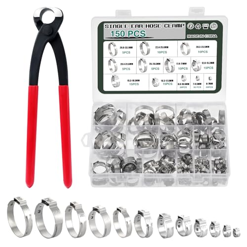 Knpwer 150 Stück 304 Edelstahl Einzelohr Stufenlos Schlauchschellen Set,6-33.1mm 12 Größen Crimp Schlauchschellen Sortiment Kit,Ohr Cinch Ringe Crimp Pinch Fitting Tools von Knpwer