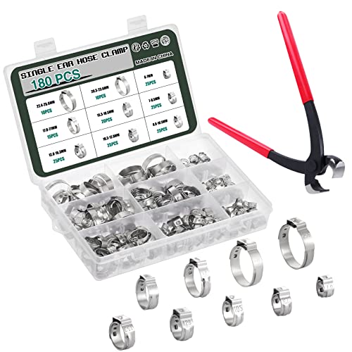 Knpwer 180 Stück 304 Edelstahl Einzelohr Stufenlos Schlauchschellen Set,6-25.6mm 9 Größen Crimp Schlauchschellen Sortiment Kit,Ohr Cinch Ringe Crimp Pinch Fitting Tools von Knpwer