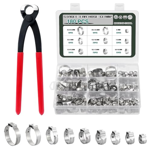 Knpwer 180 Stück 304 Edelstahl Einzelohr Stufenlos Schlauchschellen Set,6-25.6mm 9 Größen Crimp Schlauchschellen Sortiment Kit,Ohr Cinch Ringe Crimp Pinch Fitting Tools von Knpwer