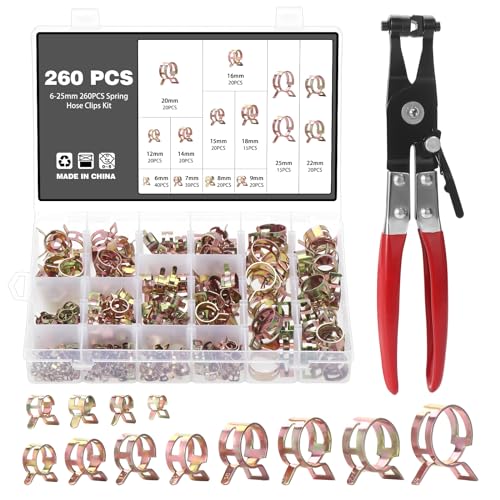 Knpwer 260 Stück Schlauch Federklemme 12 Größen Kraftstoffleitung Schlauchschellen Schlauchschelle Clip Schlauchschellen Verschluss Kraftstoffleitung Schelle 6-25mm,Mit Einer Schlauchklemme Zange von Knpwer