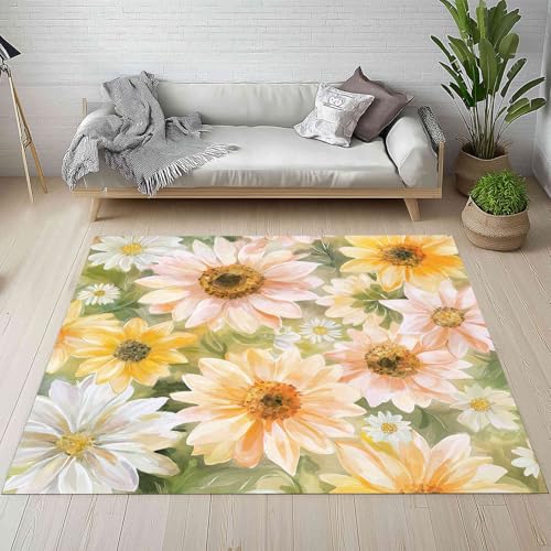 Aquarell Sonnenblume Teppich 160x230, Rustikal Pastoral Blüten Pflanzen Blätter Teppiche Flur Weich Rutschfest Waschbare fur Wohnzimmer Schlafzimmer Badezimmer Kinderzimmer Küche Balkon Esszimmer von Kntnshac