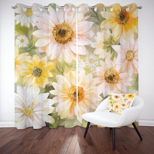 Aquarell Sonnenblume Vorhang mit Ösen 2er Set 175x140 cm, Rustikal Pastoral Blüten Thermovorhang Kälteschutz, Pflanzen Blätter Gardinen Blickdichte, Lärmschutzvorhang Schlafzimmer Wohnzimmer von Kntnshac