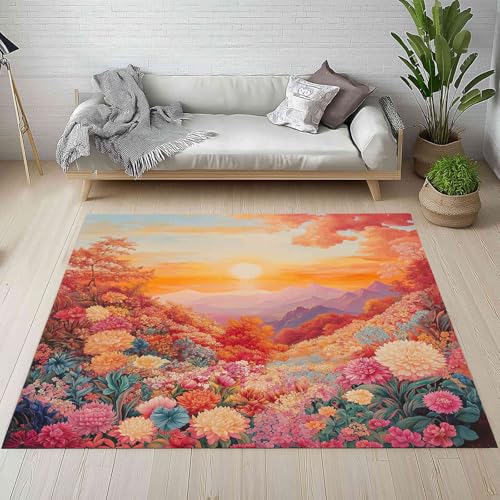 Blumen Dschungel Gebirge Teppich 160x230, Vintage Bohemian Sonnenuntergang Landschaft Teppiche Flur Weich Rutschfest Waschbare fur Wohnzimmer Schlafzimmer Badezimmer Kinderzimmer Balkon Esszimmer von Kntnshac