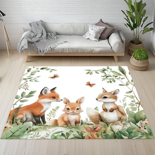Cartoon Fuchs Kaninchen Schmutzfangmatte rutschfest Waschbare, Dschungel Tiermotiv Süße Waldtiere Eingangsteppich Kleiner Teppich fur Wohnzimmer Schlafzimmer Küche Kinderzimmer 50x80 cm von Kntnshac