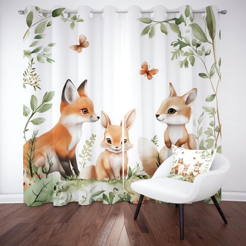 Cartoon Fuchs Kaninchen Verdunklungsvorhänge Blickdicht, Dschungel Tiermotiv Gardinen mit Ösen, Süße Waldtiere Schallschutz Vorhang Thermo Wohnzimmer 2er Set 229 cm Lang 168 cm Breit von Kntnshac