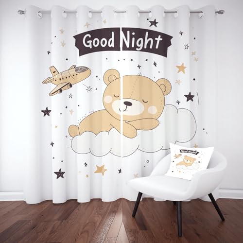 Cartoon Tier Bär Ösenvorhang Schlafzimmer, Karikatur Flugzeug Gardinen Blickdicht, Süße Tiere Verdunklungsvorhänge Wohnzimmer, Thermo Kälteschutz Schallschutz 2er Set 214x91.5 cm von Kntnshac