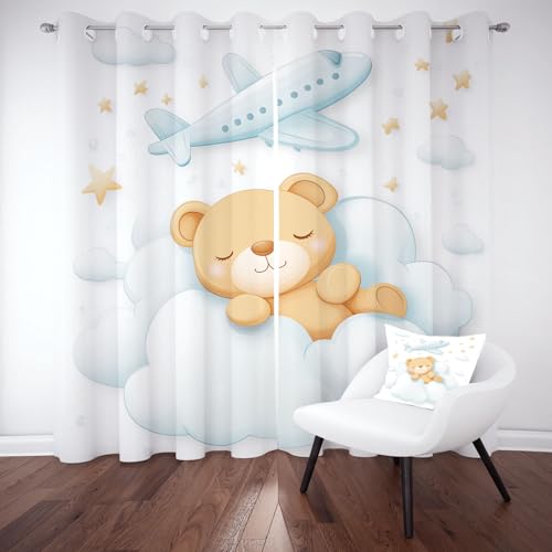 Cartoon Tier Bär Ösenvorhang Schlafzimmer, Süße Tiere Gardinen Blickdicht, Karikatur Flugzeug Verdunklungsvorhänge Wohnzimmer, Thermo Kälteschutz Schallschutz 2er Set 214x91.5 cm von Kntnshac