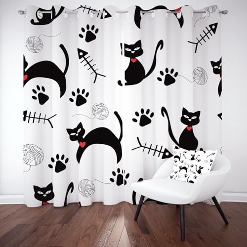 Cartoon Tier Katze Blackout Curtain, Abstrakte Tiere Ösen Gardinen Thermo Kälteschutz, Pfotenabdrücke Fischgräte Verdunkelungsvorhänge Kinderzimmer Wohnzimmer Schallschutz Vorhange 2er Set 160x140 cm von Kntnshac