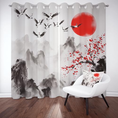 Chinesischer Tuschemalerei Ösenvorhang Schlafzimmer, Pflaumenblüte Blumen Gardinen Blickdicht, Gebirge Mandschurenkranich Verdunklungsvorhänge Wohnzimmer, Thermo Kälteschutz 2er Set 214x91.5 cm von Kntnshac