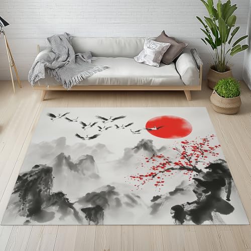 Chinesischer Tuschemalerei Teppich Wohnzimmer 200x300, Pflaumenblüte Blumen Gebirge Mandschurenkranich Teppiche Kurzflor Rutschfest Waschbare Weich fur Schlafzimmer Kinderzimmer Küche Balkon Esszimmer von Kntnshac