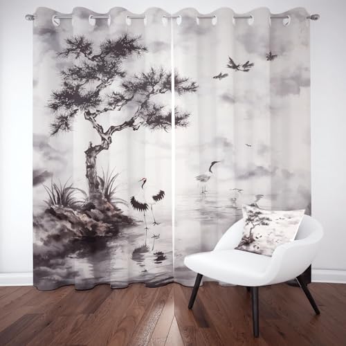 Chinesischer Tuschemalerei Thermo Vorhang mit Ösen, Fluss Bäume Gardinen Blickdicht, Lärmschutzvorhang, Mandschurenkranich Verdunklungsvorhänge Schlafzimmer, Curtains Living Room 2er Set 137x117 cm von Kntnshac