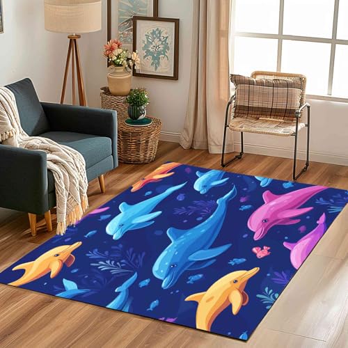 Cute Karikatur Delphin Teppich Flur Rutschfest Waschbare 140x200 cm, Cute Tiere Unterwasserwelt Teppiche Weich Kurzflor fur Schlafzimmer Badezimmer Wohnzimmer Kinderzimmer Küche Balkon Esszimmer von Kntnshac