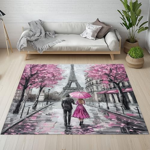 Eiffelturm Schmutzfangmatte rutschfest Waschbare, Ölgemälde Blumen Straße Valentinstag Romantisch Eingangsteppich Kleiner Teppich fur Wohnzimmer Schlafzimmer Küche Kinderzimmer 50x80 cm von Kntnshac