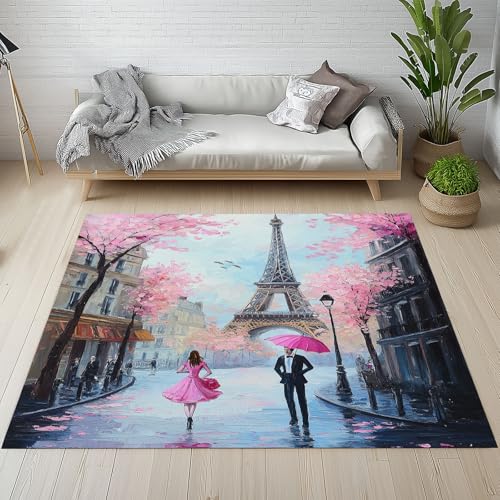 Eiffelturm Teppich Flur rutschfest Waschbare 140x200 cm, Ölgemälde Blumen Straße Valentinstag Romantisch Teppiche Weich Kurzflor fur Schlafzimmer Wohnzimmer Kinderzimmer Küche Balkon Esszimmer von Kntnshac