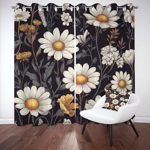 Gänseblümchen Blumen Blackout Curtain, Rustikal Pastoral Blüten Ösen Gardinen Thermo Kälteschutz, Pastoral Blätter Verdunkelungsvorhänge Kinderzimmer Wohnzimmer Vorhange 2er Set 160x140 cm von Kntnshac