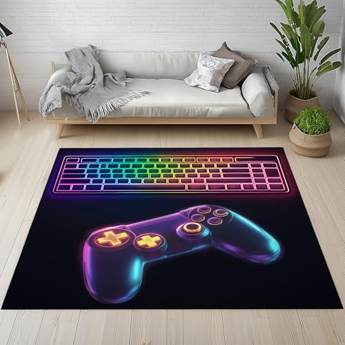 Gamer Gaming Teppiche Kurzflor rutschfest Waschbare 200x200 cm, Neon Gamepad Tastatur Bunte Spiel Controller Teppich Weich fur Schlafzimmer Badezimmer Kinderzimmer Küche Balkon Wohnzimmer Esszimmer von Kntnshac